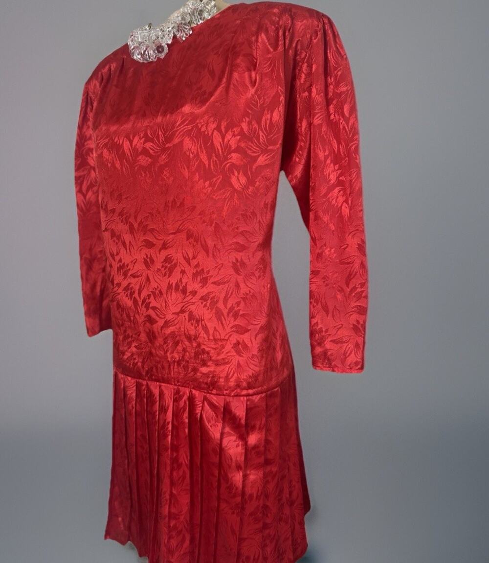 Vintage Avant Garde Drop Waist Red Jacquard Dress-Office 1980s Power Dress L/XL